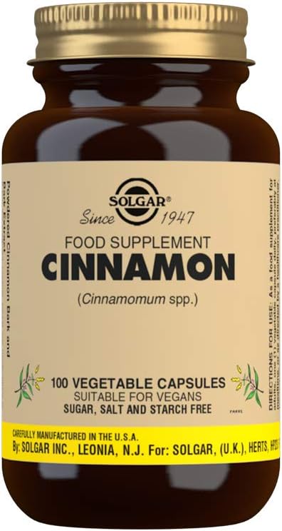 SOLGAR Cinnamon - 100 Vegetable Capsules - Full Potency (FP) - Non-GMO, Vegan, Gluten Free, Dairy Free, Kosher - 100 Servings