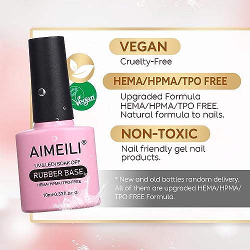 AIMEILI Hema Free Rubber Base Gel For Nails, Soak Off U V LED Clear Sheer Gel Nail Polish, 4 in 1 Nail Strengthen/Enhance/Base Coat/Color Gel Polish Set Of 6pcs X 10ml - Kit 44