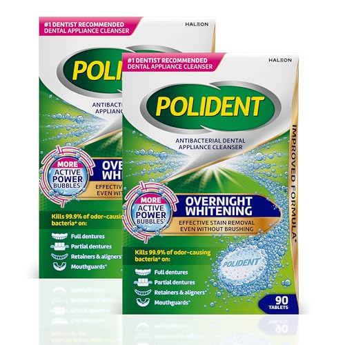 Polident Overnight Whitening Antibacterial Dental Appliance Cleanser Tablets, 90 Count (2 Pack)