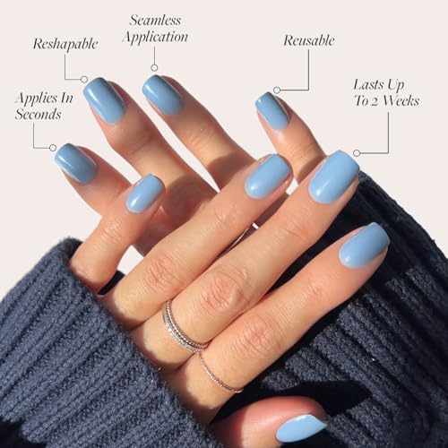 Glamnetic Press On Nails - Cashmere Blue | Opaque Soft Pale Blue Short Squoval False Nails, Reusable Stick On Fake Nails with Glue | Salon Quality | 15 Sizes - 30 Nail Kit