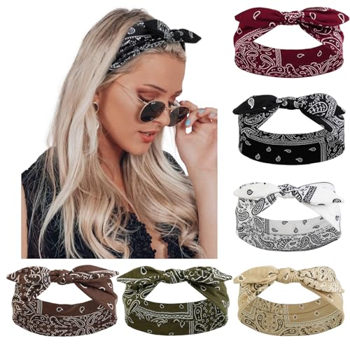 6 Packs Bow Headbands for Women Girls Boho Bandana Headband Paisley Printed Head Bands for Women’s Hair Non Slip Cute Knotted Womens Hairbands Head Wraps Turban Hair Accessories