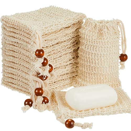 Cunhill 80 Pack Soap Saver Bag Exfoliating Sisal Soap Pouch with Drawstring Bar Wooden Bead Foaming and Drying Exfoliating Net for Bath and Shower (3.5x5.5 Inch)