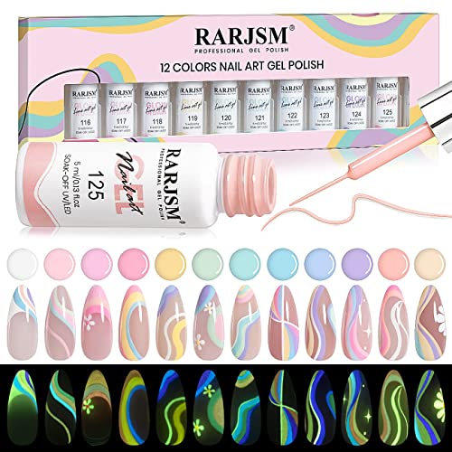 RARJSM Glow in The Dark Nail Art Gel Liner 12 Soft Pastel Colors Neon Green Blue Purple Pink Painting Luminous Polish Set UV LED Curing Requires Thin Brush for Swirl Nails Design