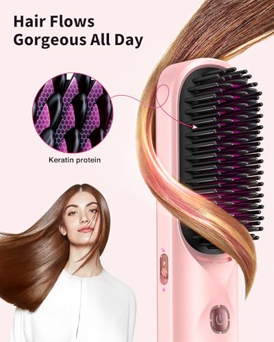 Cordless Hair Straightener Brush - Portable Hair Brush for Travel - 30s Fast Heating - 300 Million Negative Ions for Frizz-Free Shine, Touch Up On-The-Go, Gift for Women,10,000mAh
