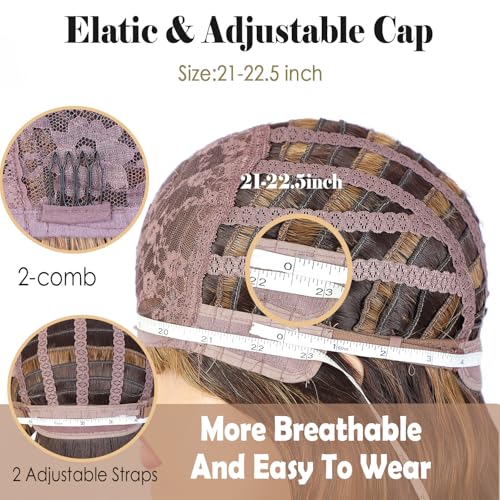 ENTRANCED STYLES Brown Highlight Wig with Bangs for Women Short Wavy Curly Brown Bob Wigs Medium Length 14 inch Synthetic Hair for Daily Party Use