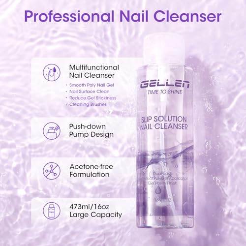 Gellen 16oz Multi-Purpose Nail Cleanser, Pump Bottle Design Nail Surface Cleaner for Prep Nails, Tacky Residue Remover for High-Shine Gel Top Coat, Polygel Slip Solution, Nail Cleaning for Manicure