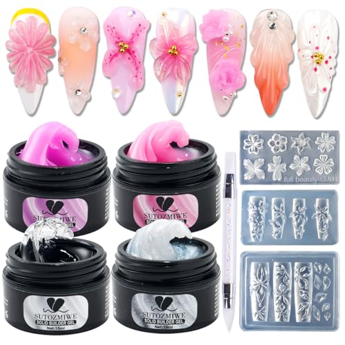 Solid Builder Gel for Nails,4 Colors Non-Sticky 3D Nail Sculpting Gel for Nail Art Flower Carving Modeling Design Hard Gels Nail Extension Glue with 3D Silicone Mold for Manicure Salon or Home DIY