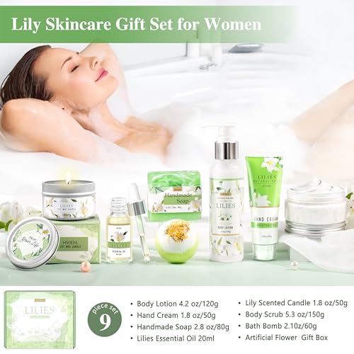 Gifts for Women, Birthday Gifts for Women, Bath and Body Gifts Set, Lilies Self Care Set,Christmas Mothers Day Relaxing Spa Basket for Mom, Grandma, Girlfriend, Sister, Friends