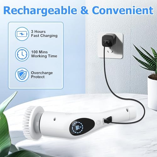 Electric Spin Scrubber, Cordless 3 Speeds Cleaning Brush 430 RPM, Adjustable/Detachable Long Handle, Shower Scrubber for Bathroom, Car, Floor, Shower Cleaning Brush with 9 Replaceable Brushes