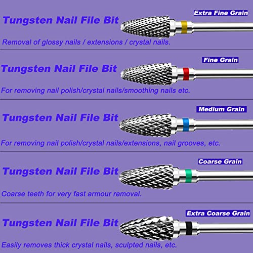 Fantexy Nail Drill Bits Set for Acrylic Nails,3/32 Inch Professional Tungsten Nail File Bits Nail Art Tools,Manicure Pedicure Shapen Remove Tools, Home Salon Use(5Pieces