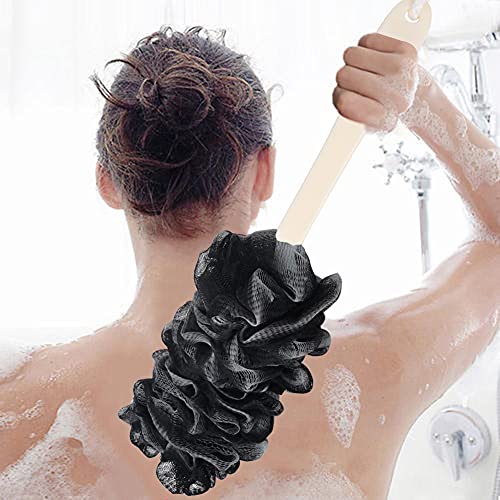 Back Scrubber for Shower,Loofah Long Handle Bath Body Brush,Soft Nylon Mesh Sponge for Shower,Loofah On a Stick for Men Women,Exfoliating Scrub Cleaning Luffa for Elderly(2-Pack,Black)