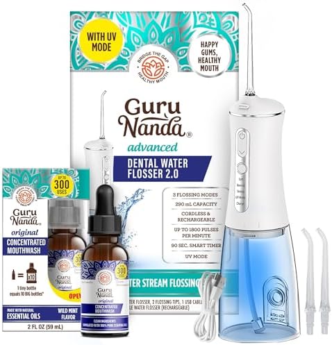 GuruNanda Advanced Water Flosser 2.0 with UV Mode & Concentrated Mouthwash Duo - Fresh Breath & Thorough Plaque Removal for a Brighter Smile