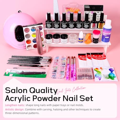 Major Dijit Acrylic Nail Kit with Drill - Complete Starter Set for Beginners White Pink Clear Acrylic Powder, 6 Gel Polish Colors, UV LED Light, Nail Decorations & Salon Tools | Home Manicure Gift Set
