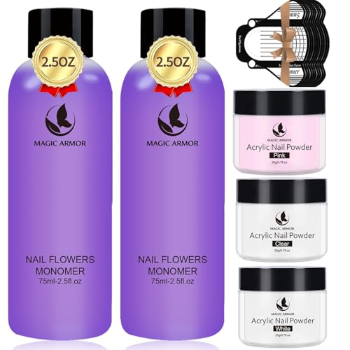 Acrylic Liquid Monomer and Acrylic Powder Set - 3 Colors Acrylic Powder Clear Pink White Professional Acrylic Monomer Liquid 5oz Acrylic Nail System For Acrylic Nails (150ML+3 COLORS)