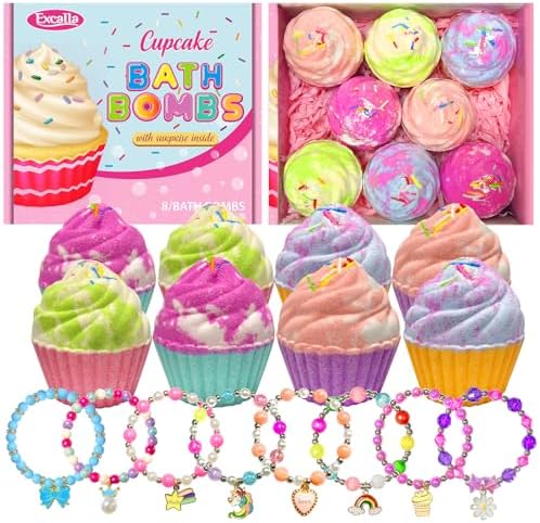 Bath Bombs for Kids with Surprise Jewelry Inside, 8 Cupcake Bath Bombs for Girls Gift Set, Handmade Fizzes Balls with Rich Bubble Bath, Ideal for Chrildren Birthday Christmas