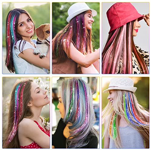 Mckanti 16 Colors Hair Tinsel Kit with Tool, 47 inch 3200 Strands Tinsel Hair Extensions for Women Girls, Fairy Hair Tinsel Glitter Sparkling Shiny Colorful Synthetic Hair for Party Daily Life Fashion