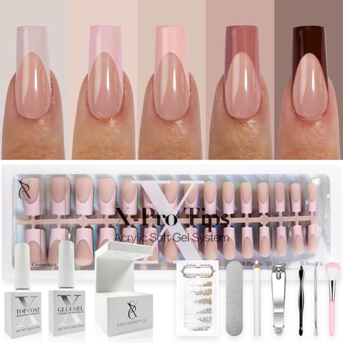 SXC Cosmetics French Tip Press On Nails - Skin Tone Nude and Color Series, Medium Square X-Pro Tips Starter Kit ST117KIT