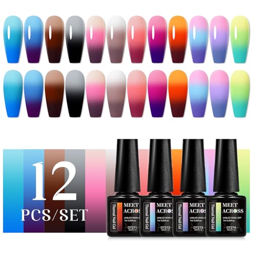 MEET ACROSS Color Changing Gel Nail Polish, 12 Colors Pink Blue Purple Orange Neon Mood Temperature Change Gel Polish Set Soak Off DIY Home Nail Art Gift For Girsl