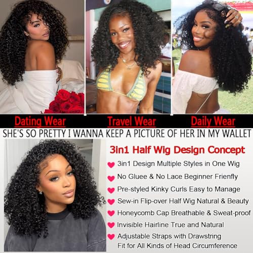 Half Wig Human Hair 200 Density Kinky Curly Half Wig 3 In 1 Seamless Flip Over Glueless Wigs Human Hair with Drawstring Beginner Friendly Curly Wig Headband Wig for Women Daily Wear 20 Inch