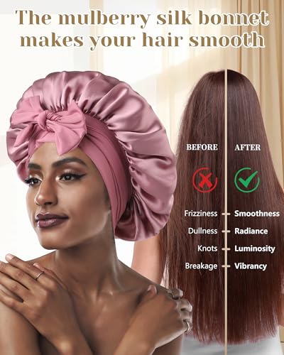 AWAYTR 100% Mulberry Silk Hair Bonnet for Women Sleeping with Tie Band 19 Momme Silk Sleep Cap Night (US, Alpha, One Size, Pale mauve)