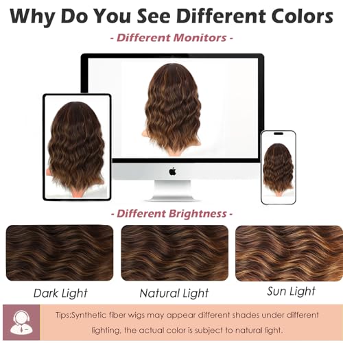 ENTRANCED STYLES Brown Highlight Wig with Bangs for Women Short Wavy Curly Brown Bob Wigs Medium Length 14 inch Synthetic Hair for Daily Party Use