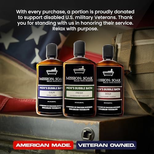 Men’s Luxury Bubble Bath – Sandalwood & Sea Salt Scent | Muscle Recovery, Stress Relief & Skin Hydration | Full-Body Soak with Aloe Vera | 9 fl oz | Supports Disabled Veterans with Every Purchase