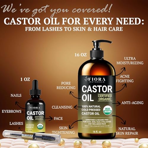 Organic Castor Oil in Glass Bottle – 16 Oz Cold Pressed & Hexane-Free – USDA Certified – Hair Growth Oil For Lashes, Brows, Skin & Scalp – with Pump