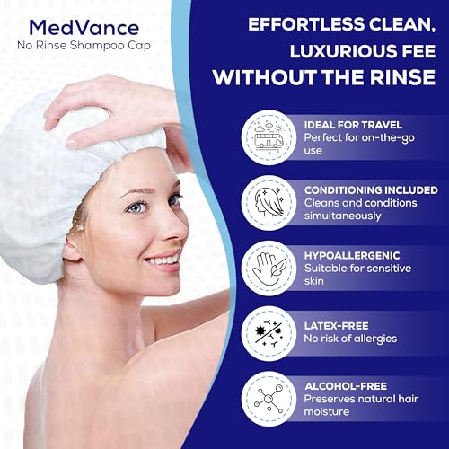 MedVance No Rinse Shampoo Cap | Rinse Free Shower Cap that Shampoos & Conditions | PH Balanced & Hypoallergenic Waterless Hair Wash | 3 Pack