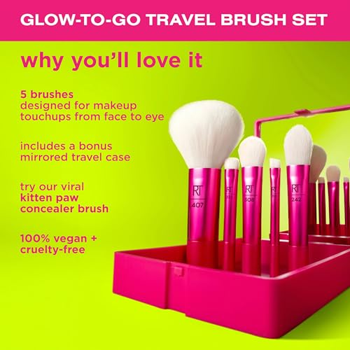 Real Techniques Vivid Escape Glow-To-Go Travel Makeup Brush 6 Piece Set, Mini Size Makeup Brushes For Eyeshadow, Concealer, Contour, & Blush, Includes Mirror Cosmetic Case, Cruelty-Free & Vegan