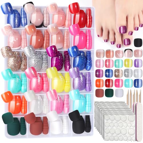 FANDAMEI Press on Toenails, 24 Colors 576PCS Fake Toe Nails Short, French Tip Press ons, Glitter Glossy Matte for Nail Art