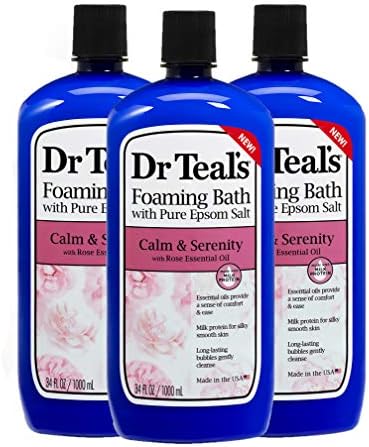 Dr. Teal's Calm & Serenity Pure Epsom Salt Foaming Bath Gift Set (3 Pack, 34 oz ea.) - Rose Essential Oils & Milk Protein Provide Stress Relief & Silky Smooth Skin - Long Lasting Bubbles Nourish Skin