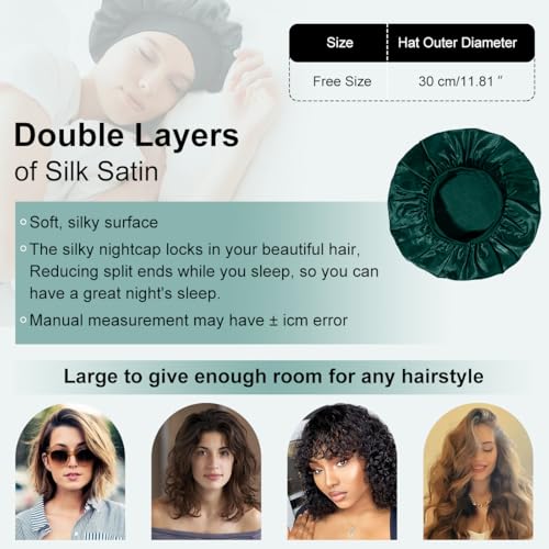 8 PCS Satin Hair Bonnet for Women | Elastic and Reusable Shower Hair Caps | Satin Bonnet for Sleeping Women, Shower Caps | Double Layers Hair Cap | Environmental Protection | 11.8 Inches, Dark Green