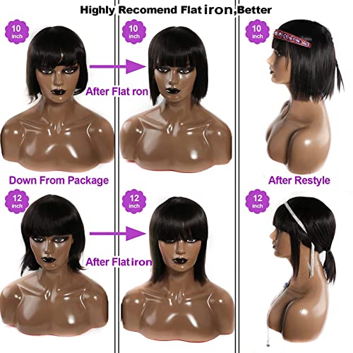 Rebasar Short Bob Wigs Human Hair 8 Inch Glueless Wear and Go Bob Wig With Bangs Human Hair Wigs for Black Women Brazilian Straight Hair No Lace Front Natural Black Wig