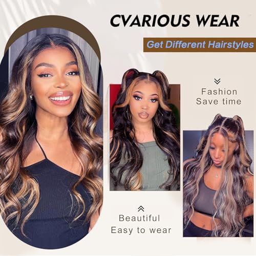Long V Part Body Wavy Wig With Black With Highlight Brown Upgrade U Part Synthetic Water Wavy Wigs for Black Women Full Head Clip In Hair Glueless Synthetic Wigs (Black Mix Brown)