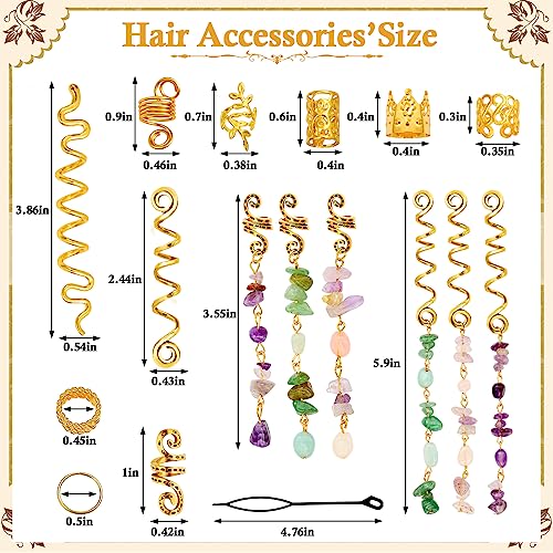 80 Pcs Natural Crystal Stone Dreadlock Accessories, Jollidecor Hair Jewelry for Braids Hair Spirals Gems Charms Adjust Gold Loc Jewelry for Hair Cuffs for Adult Women Braids Hairstyle Decoration