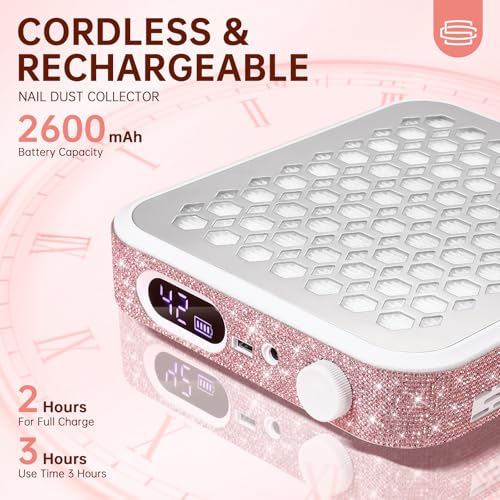 Nail Dust Collector, Rechargeable Dust Collector Nail Tech, Powerful Vacuum Fan Vent Dust Collector Extractor Dust Suction Machine for Acrylic Nails Polishing, Nail Salon&Home, Pink