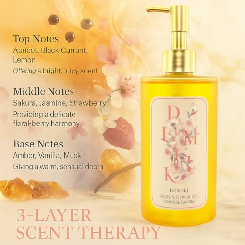 Moisturizing Bath Oil for Dry & Sensitive Skin. Nourishing & Hydrating Winter Care Shower Oil, Soothes & Softens, Locks in Moisture,Sakura Scent, 10 Fl.oz (300ml)