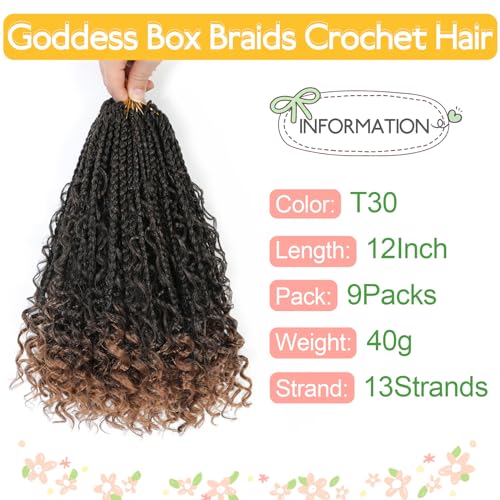 Fulcrum Goddess Box Braids Crochet Hair 12 Inch, 9 Packs Box Braids Crochet Hair for Women, Crochet Braids with Curly Ends (12Inch, T30#)