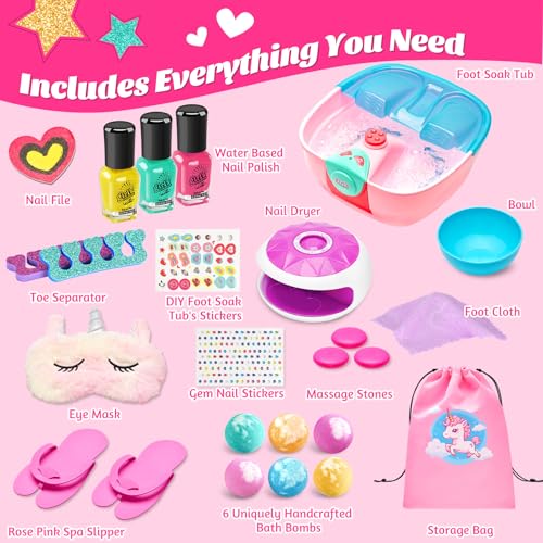 Kids Spa Day Kit for Girls,Girls Foot Spa with Nail Dryer & Bath Bombs,Kids Foot Spa with Music Foot Soak Tub & Nail Polish Set for Girls,Girls Toys Gifts for 6-12,Christmas Birthday Gifts