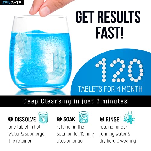 Retainer Cleaner Tablets - Quick 3-Minute Clean for Dentures, Mouth Guards, Aligners, and Night Guards - 120 Dental Cleansing Tablets - FSA HSA Approved Dental Appliance Cleanser