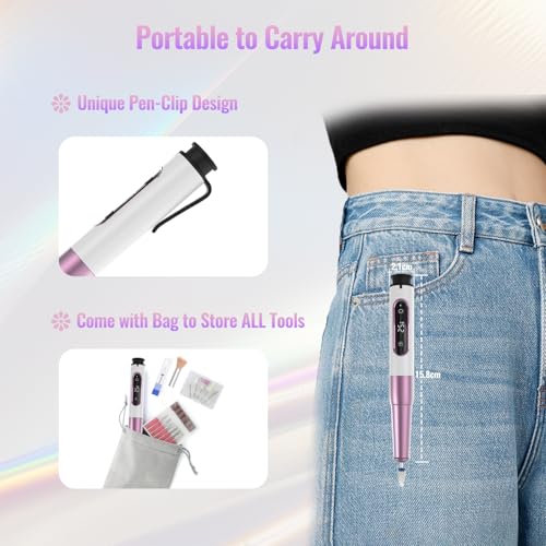 Nail Drill Cordless, Electric Nail File 12 in 1 with LED Display, Nail Drill Machine Professional Portable Rechargeable E File for Gel Acrylic Manicure Pedicure Set with 5 Speeds Purple