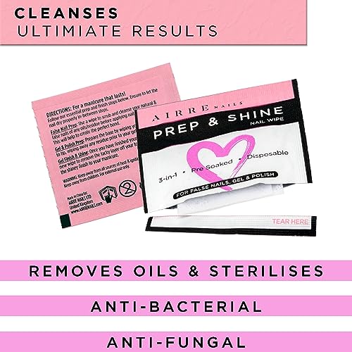 AIRRE 220 Professional Alcohol Prep & Shine Nail Wipes (3in1) Alcohol Wipes for Gel Nails, Acrylic Nails, Press-On Nails & Tips. Removes Sticky Gel Layer Residue, Preps UV/LED Gel Polish & False Nails