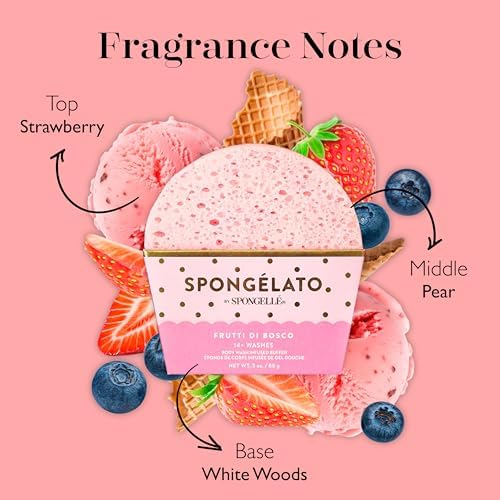 Spongelato Loofah Exfoliating Body Scrubber by Spongelle | Infused with Body Wash | Bath & Shower Loofah for Women | 14+ uses | Frutti di Bosco (Mixed Berries) Gelato Inspired