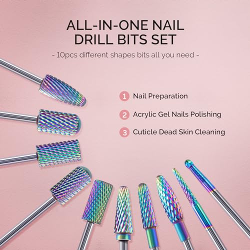 MelodySusie Nail Drill Bits Set, 10pcs Tungsten Carbide Nail Bits for Nail Drill E-file, 3/32 inch Bits Manicure Pedicure Remover Tools for Acrylic Gel Nails, Salon Home Nail Care Supplies, Colorful