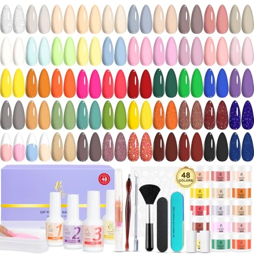 Lavender Violets Dip Powder Nail Kit: 48 Colors Pink Green Blue Orange Yellow with Dip Powder Liquid Set and Essential Manicure Tools for Home Salon Manicure G905