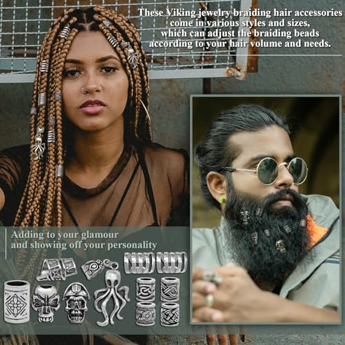 Fscwlmon 207Pcs Viking Hair Jewelry Nordic Runes Tube Beads,Accessories Kit for Braids Dreadlock Beard Locs,Metal Clips Cuff Rings,Braiding Beard Decoration Bracelets Pendant Necklace DIY Silver