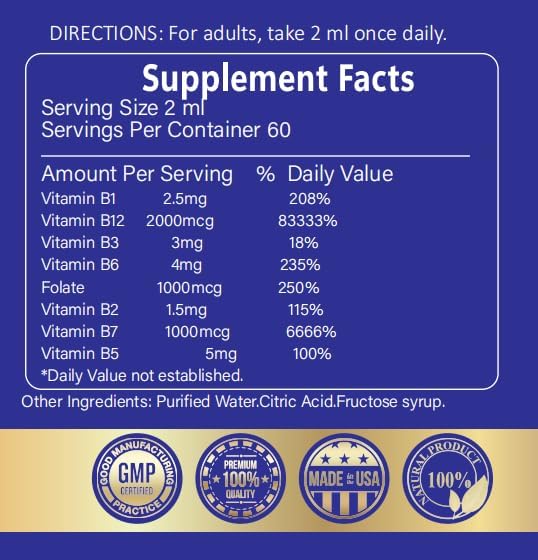 Organic Vitamin B-Complex B5 Pantothenic Acid | B12 Methylcobalamin | B1 Thiamine | B6 Pyridoxine | B7 Biotin | B9 Folic | B3 Niacinamide - B Complex Liquid Supplement, 4 fl oz