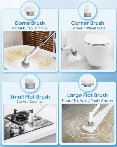 Electric Spin Scrubber with Battery Power Display, Fast-Charging Cordless Shower Scrubber with Long Handle, 4 Replaceable Brush Head, 1.5H & 2 Speeds Electric Scrubber (White)