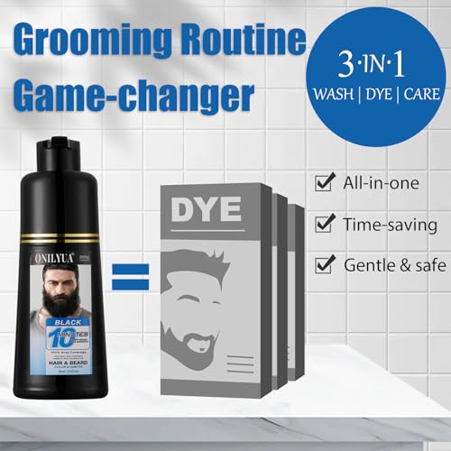 Men's 3-in-1 Black Beard & Hair Dye Shampoo, Instant Grey Darkening Beard Color Shampoo in 10 Minutes, Simpler Gray Reducing Mustache & Beard Dye for Men, with Plant Extract for Healthy Facial Hair