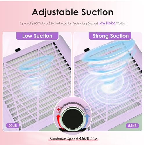 Nail Dust Collector for Arylic Gel Nail, 80W Nail Vacuum Dust Collector Extractor with Reusable Filter & Brush, Adjustable Electric Nail Fan Cleaner Machine for Nail Tech Manicure, Low Noise